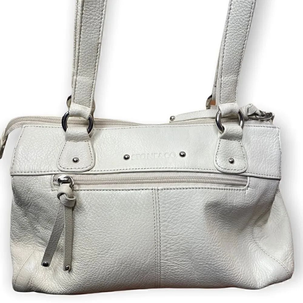 Stone & Co Womens Cream Leather Double Handles Classic Shoulder Handbag Purse